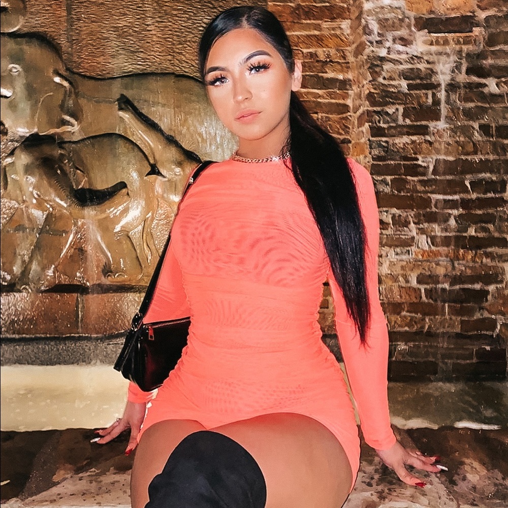 Neon Orange Ruched Mini Dress - Picture 6 of 8